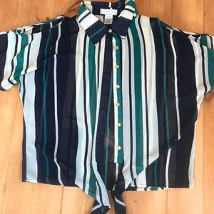 Open shoulder button down short sleeve blouse